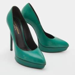 Saint Laurent Green Leather Classic Janis Platform Pumps Size 38