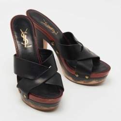 Pre Owned Saint Laurent Black Leather Platform Clogs Size 38