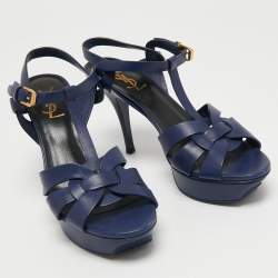 Saint Laurent Navy Blue Leather Tribute Sandals Size 38