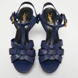 Saint Laurent Navy Blue Leather Tribute Sandals Size 38