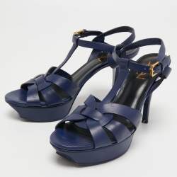 Saint Laurent Navy Blue Leather Tribute Sandals Size 38