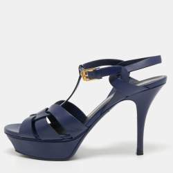 Saint Laurent Navy Blue Leather Tribute Sandals Size 38