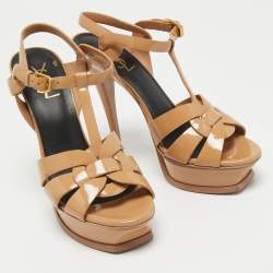 Pre Owned Saint Laurent Beige Patent Leather Tribute Sandals Size 38.5