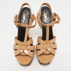 Pre Owned Saint Laurent Beige Patent Leather Tribute Sandals Size 38.5