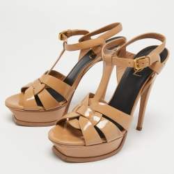 Pre Owned Saint Laurent Beige Patent Leather Tribute Sandals Size 38.5