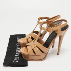Pre Owned Saint Laurent Beige Patent Leather Tribute Sandals Size 38.5
