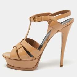 Pre Owned Saint Laurent Beige Patent Leather Tribute Sandals Size 38.5