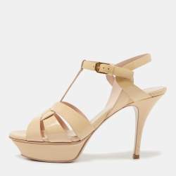 Saint Laurent Beige Patent Leather Tribute Sandals Size 38.5