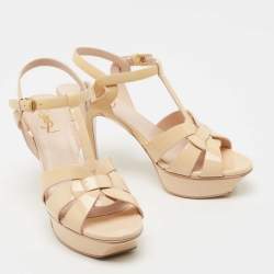 Saint Laurent Beige Patent Leather Tribute Sandals Size 38.5