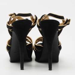 Pre Owned Saint Laurent Black/Gold Suede Tribute Sandals Size 37.5
