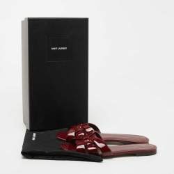 Saint Laurent Burgundy Patent Leather Tribute Flat Slides Size 38