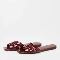 Saint Laurent Burgundy Patent Leather Tribute Flat Slides Size 38