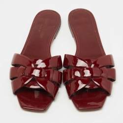 Saint Laurent Burgundy Patent Leather Tribute Flat Slides Size 38