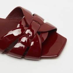 Saint Laurent Burgundy Patent Leather Tribute Flat Slides Size 38