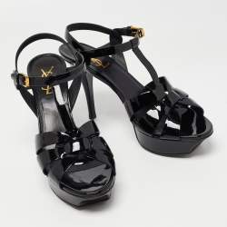 Pre Owned Saint Laurent Paris Black Patent Leather Tribute Sandals Size 38.5