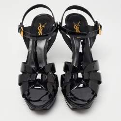 Pre Owned Saint Laurent Paris Black Patent Leather Tribute Sandals Size 38.5
