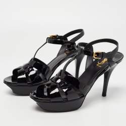 Pre Owned Saint Laurent Paris Black Patent Leather Tribute Sandals Size 38.5