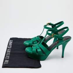 Saint Laurent Green Leather Tribute Platform Sandals Size 36