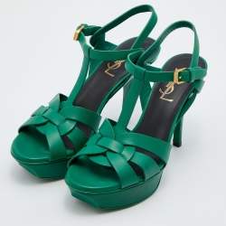 Saint Laurent Green Leather Tribute Platform Sandals Size 36