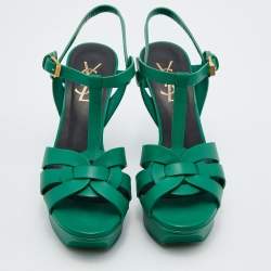 Saint Laurent Green Leather Tribute Platform Sandals Size 36