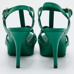 Saint Laurent Green Leather Tribute Platform Sandals Size 36
