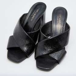 Pre Owned Saint Laurent Black Patent Leather Loulou Cross Strap Slide Sandals Size 36