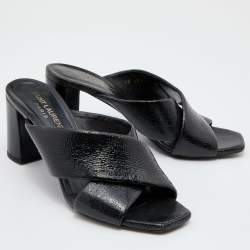 Pre Owned Saint Laurent Black Patent Leather Loulou Cross Strap Slide Sandals Size 36