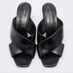 Pre Owned Saint Laurent Black Patent Leather Loulou Cross Strap Slide Sandals Size 36
