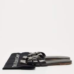 Pre Owned Saint Laurent Paris Grey Patent Tribute Flat Slides Size 37.5