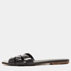 Pre Owned Saint Laurent Paris Grey Patent Tribute Flat Slides Size 37.5