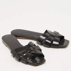 Pre Owned Saint Laurent Paris Grey Patent Tribute Flat Slides Size 37.5