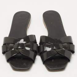 Pre Owned Saint Laurent Paris Grey Patent Tribute Flat Slides Size 37.5