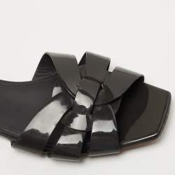 Pre Owned Saint Laurent Paris Grey Patent Tribute Flat Slides Size 37.5