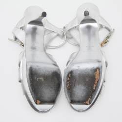 Saint Laurent Silver Leather Tribute Platform Sandals Size 38