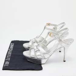 Saint Laurent Silver Leather Tribute Platform Sandals Size 38