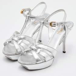 Saint Laurent Silver Leather Tribute Platform Sandals Size 38