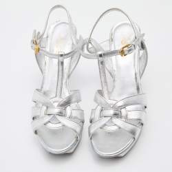 Saint Laurent Silver Leather Tribute Platform Sandals Size 38