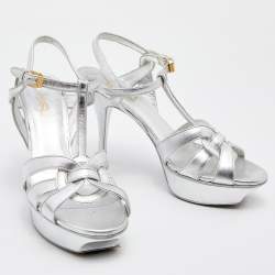Saint Laurent Silver Leather Tribute Platform Sandals Size 38