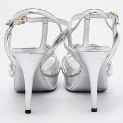 Saint Laurent Silver Leather Tribute Platform Sandals Size 38
