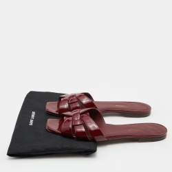 Saint Laurent Burgundy Patent Leather Tribute Flat Slides Size 37.5