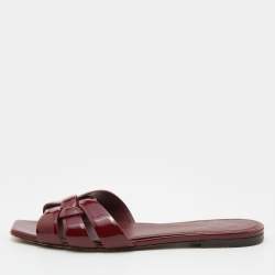 Saint Laurent Burgundy Patent Leather Tribute Flat Slides Size 37.5