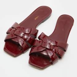 Saint Laurent Burgundy Patent Leather Tribute Flat Slides Size 37.5
