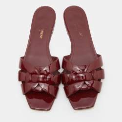 Saint Laurent Burgundy Patent Leather Tribute Flat Slides Size 37.5