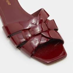 Saint Laurent Burgundy Patent Leather Tribute Flat Slides Size 37.5
