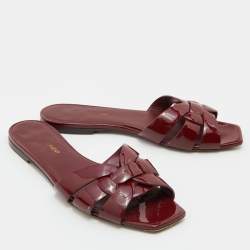 Saint Laurent Burgundy Patent Leather Tribute Flat Slides Size 37.5