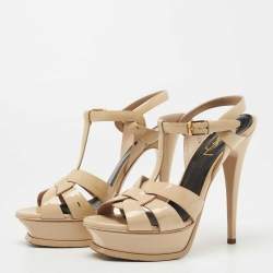 Pre Owned Saint Laurent Beige Patent Leather Tribute Sandals Size 37 