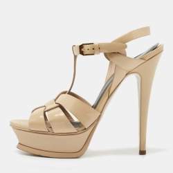 Pre Owned Saint Laurent Beige Patent Leather Tribute Sandals Size 37 