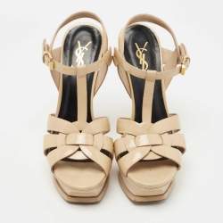 Pre Owned Saint Laurent Beige Patent Leather Tribute Sandals Size 37 