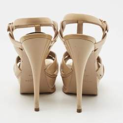 Pre Owned Saint Laurent Beige Patent Leather Tribute Sandals Size 37 