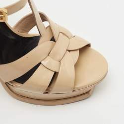 Pre Owned Saint Laurent Beige Patent Leather Tribute Sandals Size 37 